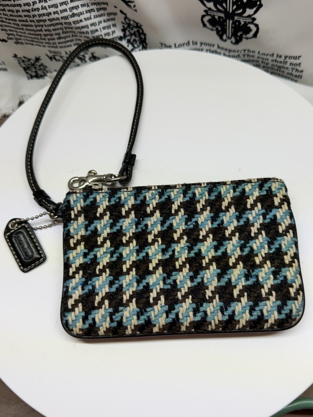 Coach Black, Blue & Cream Houndstooth Wristlet